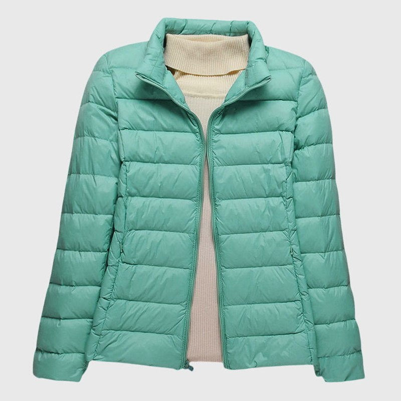 Effortless Brown Puffer Jacket for Women with High Neck Long Sleeve Quilted Casual Style
