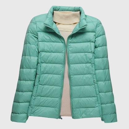Effortless Brown Puffer Jacket for Women with High Neck Long Sleeve Quilted Casual Style
