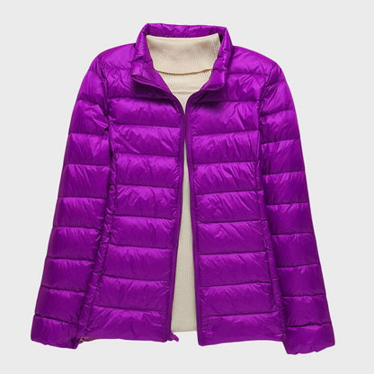 Effortless Brown Puffer Jacket for Women with High Neck Long Sleeve Quilted Casual Style