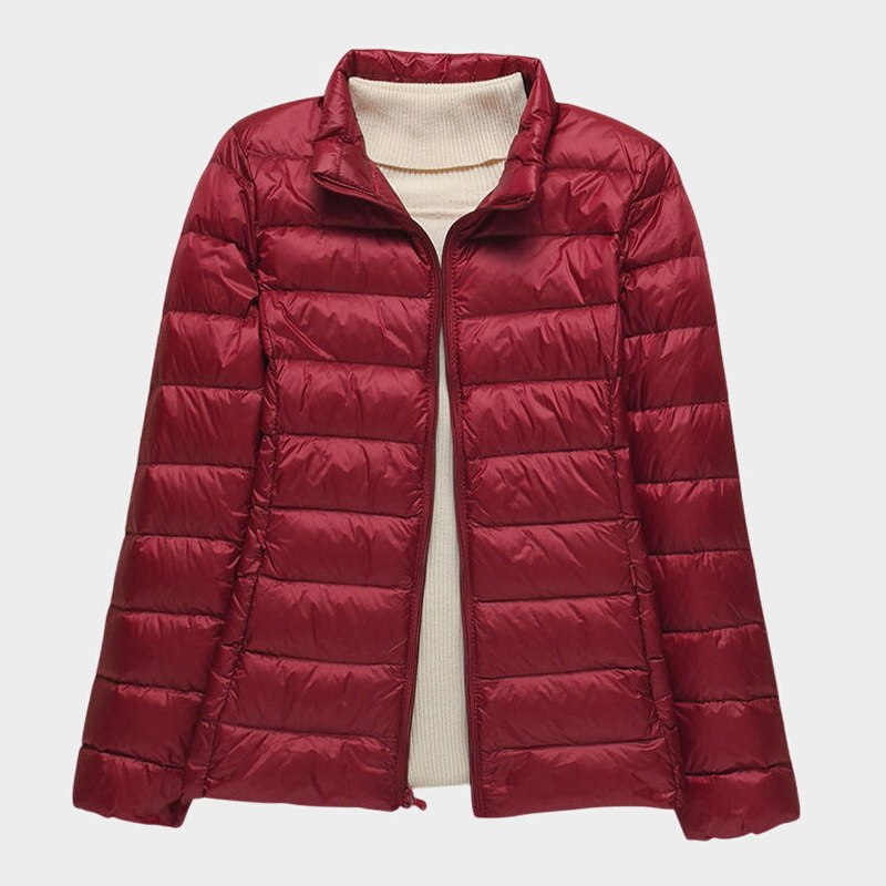 Effortless Brown Puffer Jacket for Women with High Neck Long Sleeve Quilted Casual Style