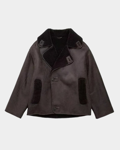 Effortless Brown Suede Jacket for Women with Collared Long Sleeve Button Front Cropped Pockets Casual Style