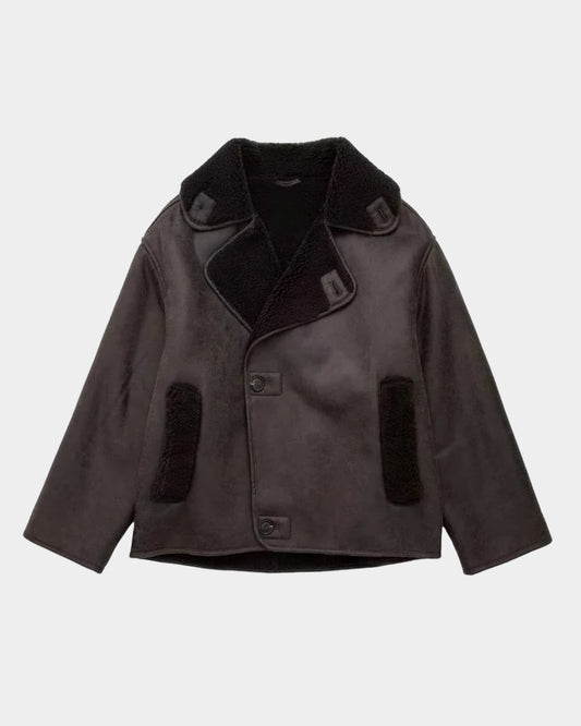 Effortless Brown Suede Jacket for Women with Collared Long Sleeve Button Front Cropped Pockets Casual Style