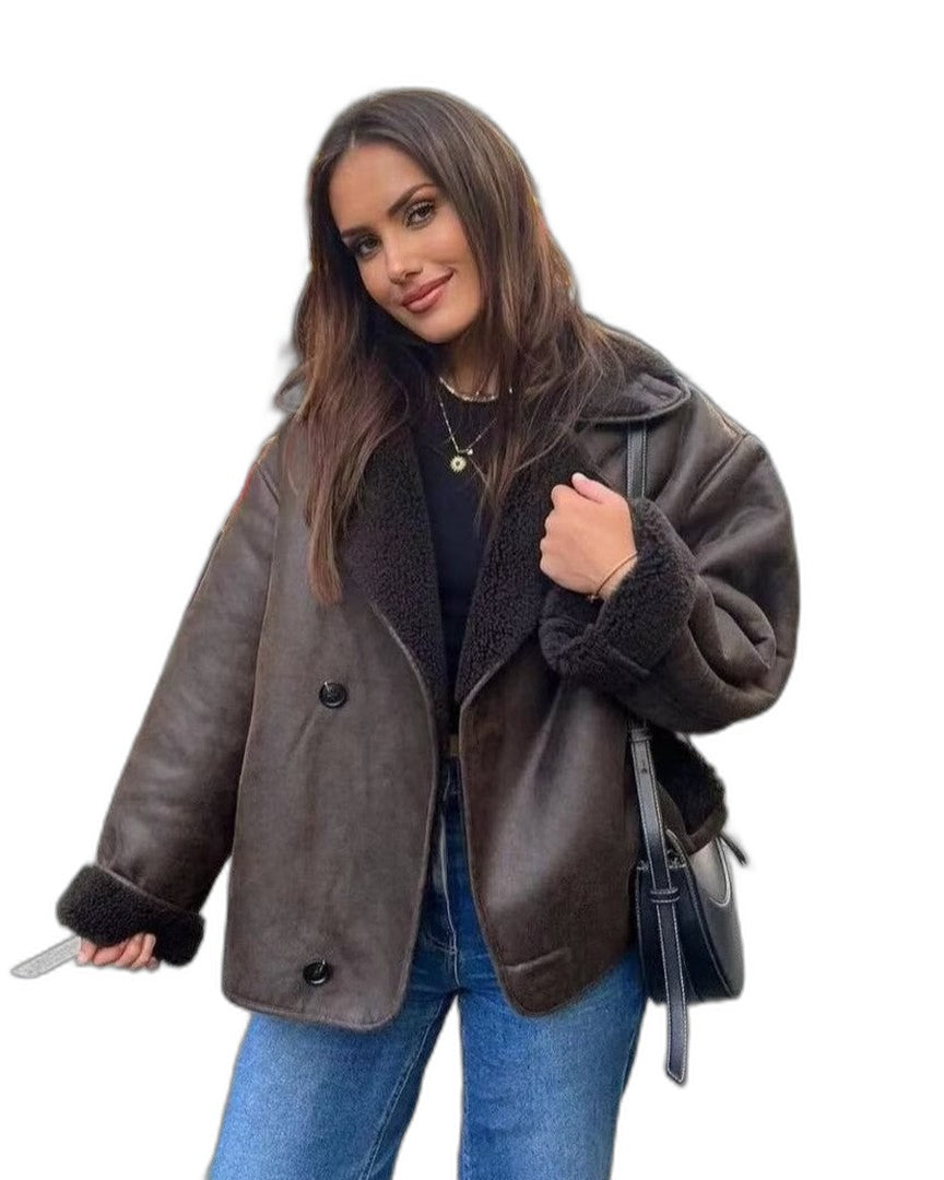 Effortless Brown Suede Jacket for Women with Collared Long Sleeve Button Front Cropped Pockets Casual Style