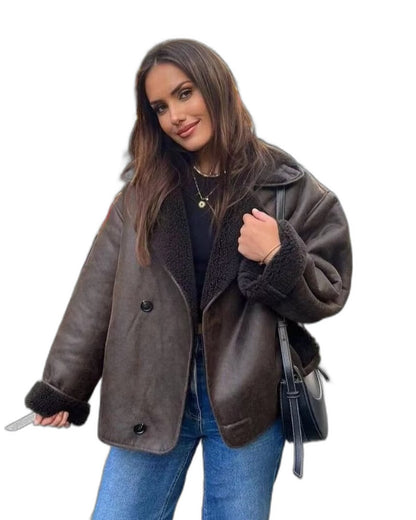 Effortless Brown Suede Jacket for Women with Collared Long Sleeve Button Front Cropped Pockets Casual Style