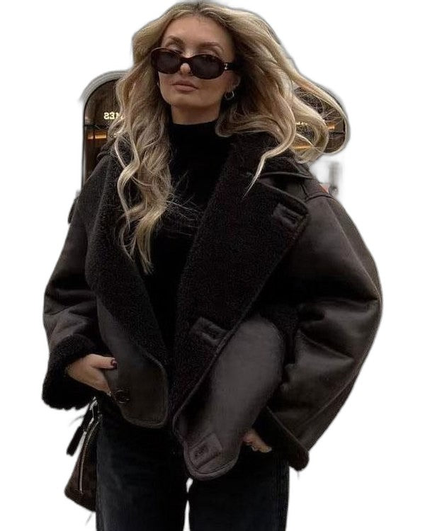 Effortless Brown Suede Jacket for Women with Collared Long Sleeve Button Front Cropped Pockets Casual Style