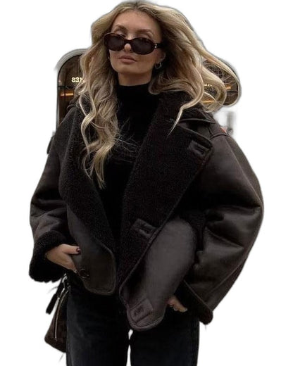 Effortless Brown Suede Jacket for Women with Collared Long Sleeve Button Front Cropped Pockets Casual Style
