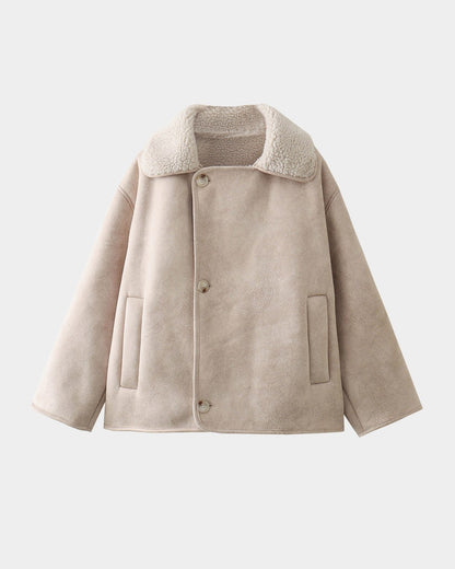 Effortless Brown Suede Jacket for Women with Collared Long Sleeve Button Front Cropped Pockets Casual Style
