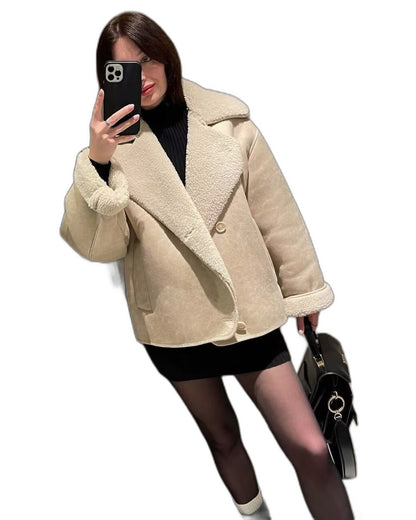 Effortless Brown Suede Jacket for Women with Collared Long Sleeve Button Front Cropped Pockets Casual Style