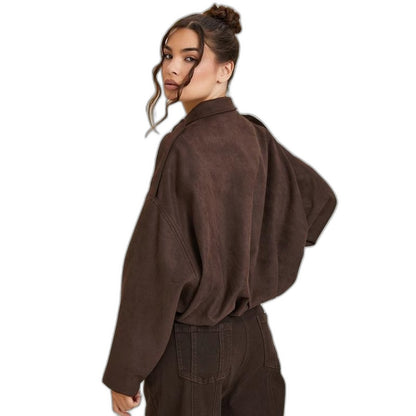 Effortless Brown Suede Jacket for Women with Long Sleeve Oversized Casual Style