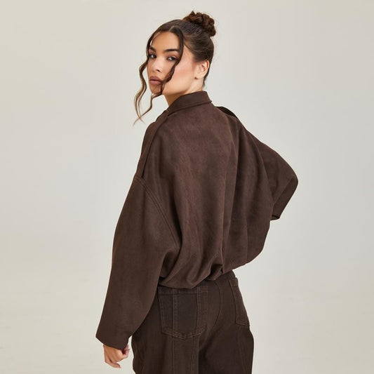 Effortless Brown Suede Jacket for Women with Long Sleeve Oversized Casual Style
