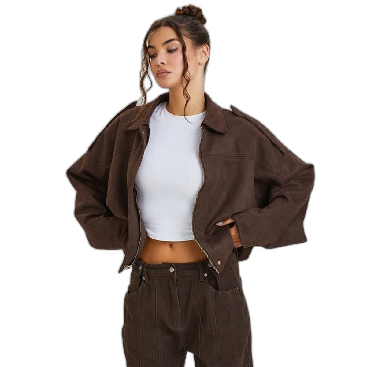 Effortless Brown Suede Jacket for Women with Long Sleeve Oversized Casual Style