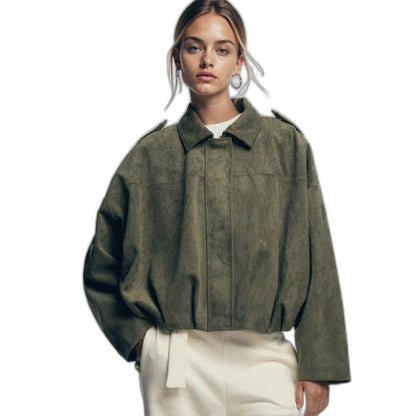 Effortless Brown Suede Jacket for Women with Long Sleeve Oversized Casual Style
