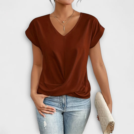 Effortless Brown T Shirt for Women with V Neck Short Sleeve Casual Style
