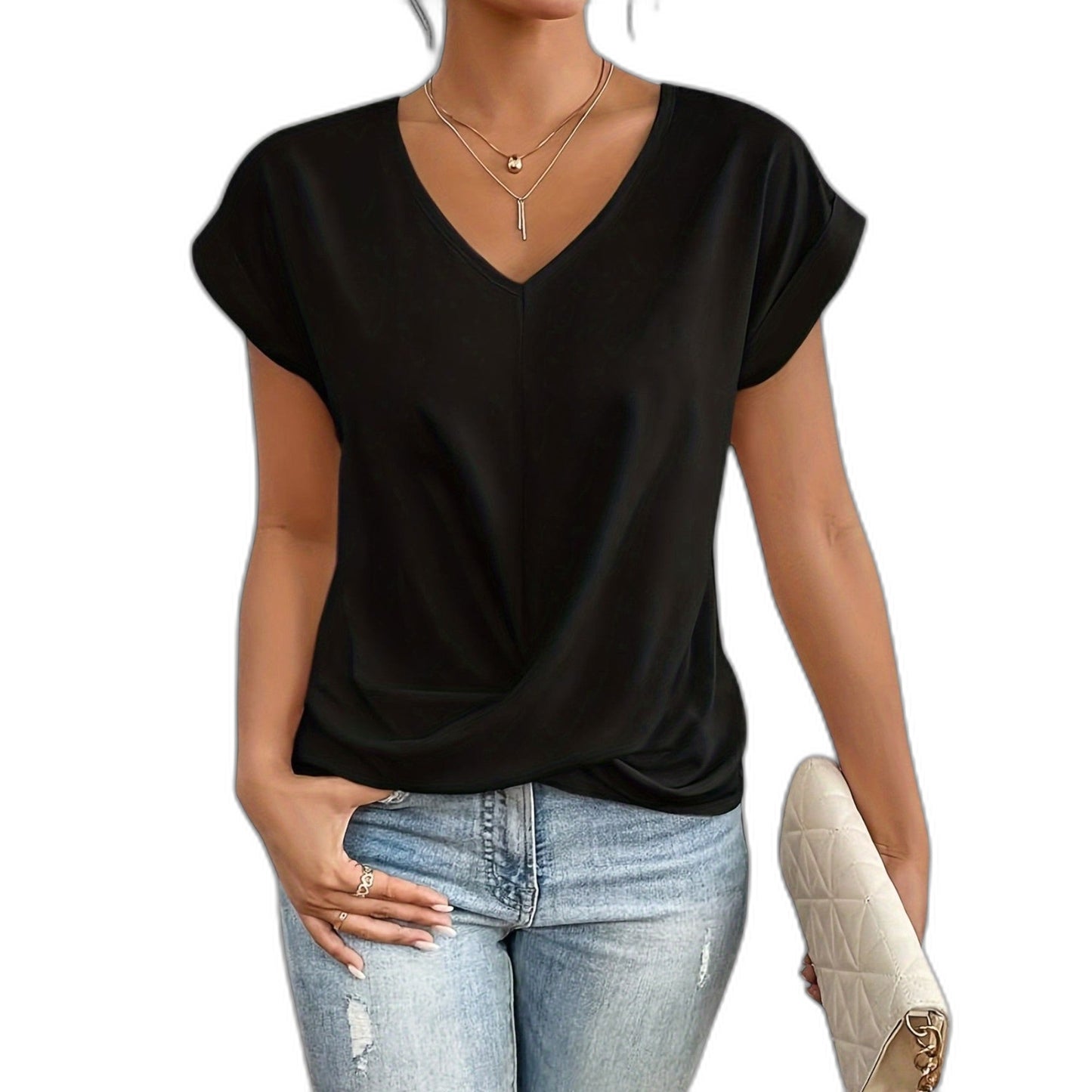 Effortless Brown T Shirt for Women with V Neck Short Sleeve Casual Style