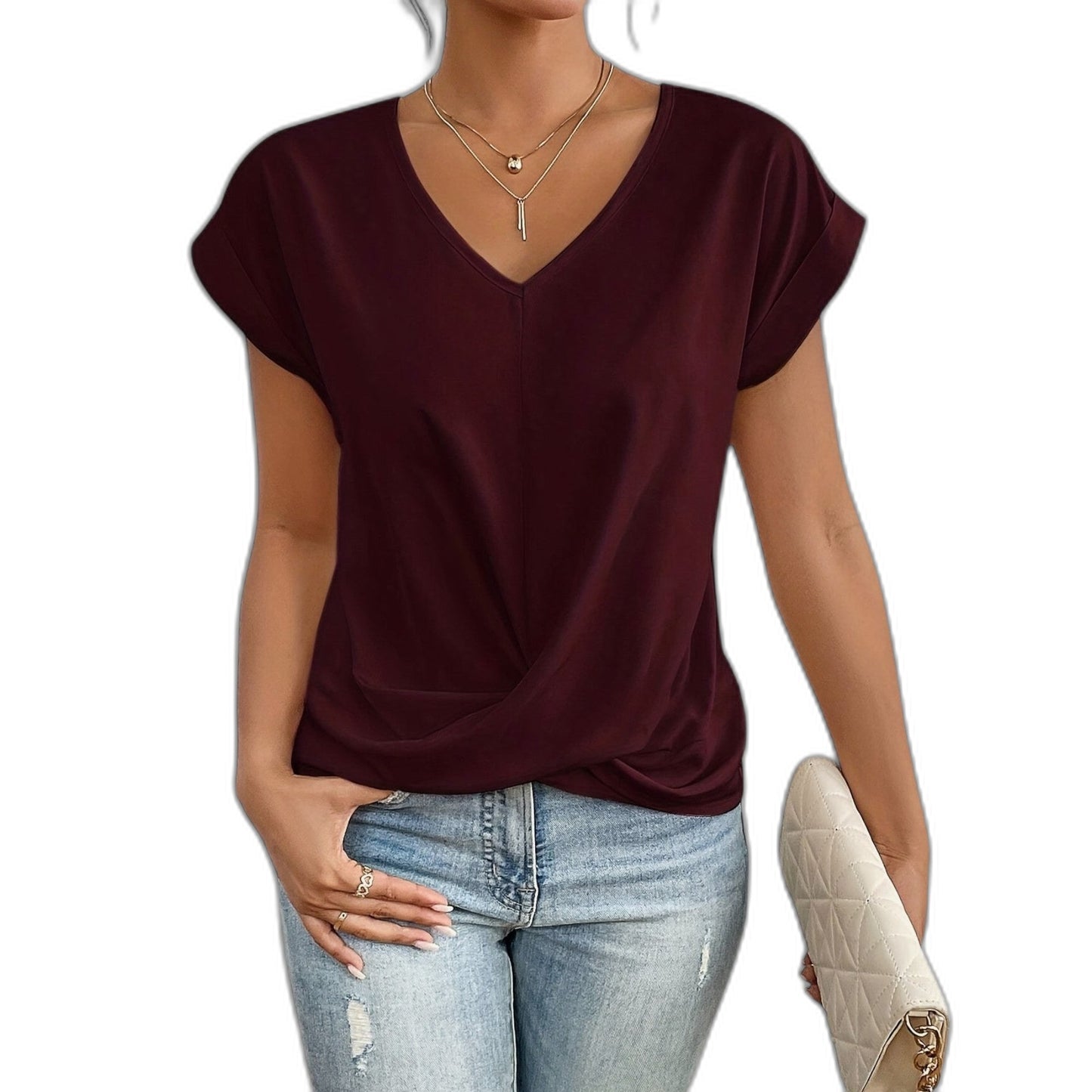 Effortless Brown T Shirt for Women with V Neck Short Sleeve Casual Style