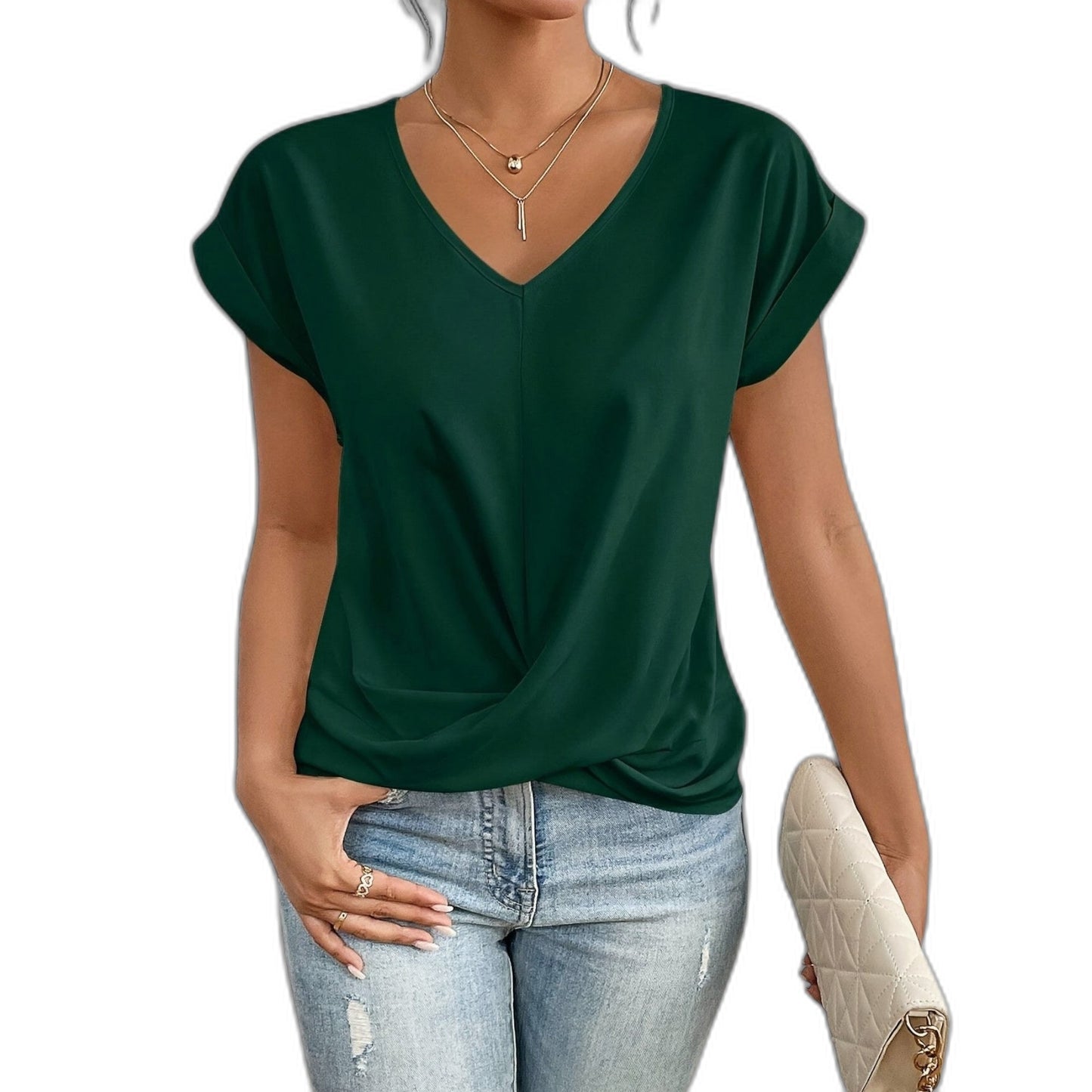 Effortless Brown T Shirt for Women with V Neck Short Sleeve Casual Style