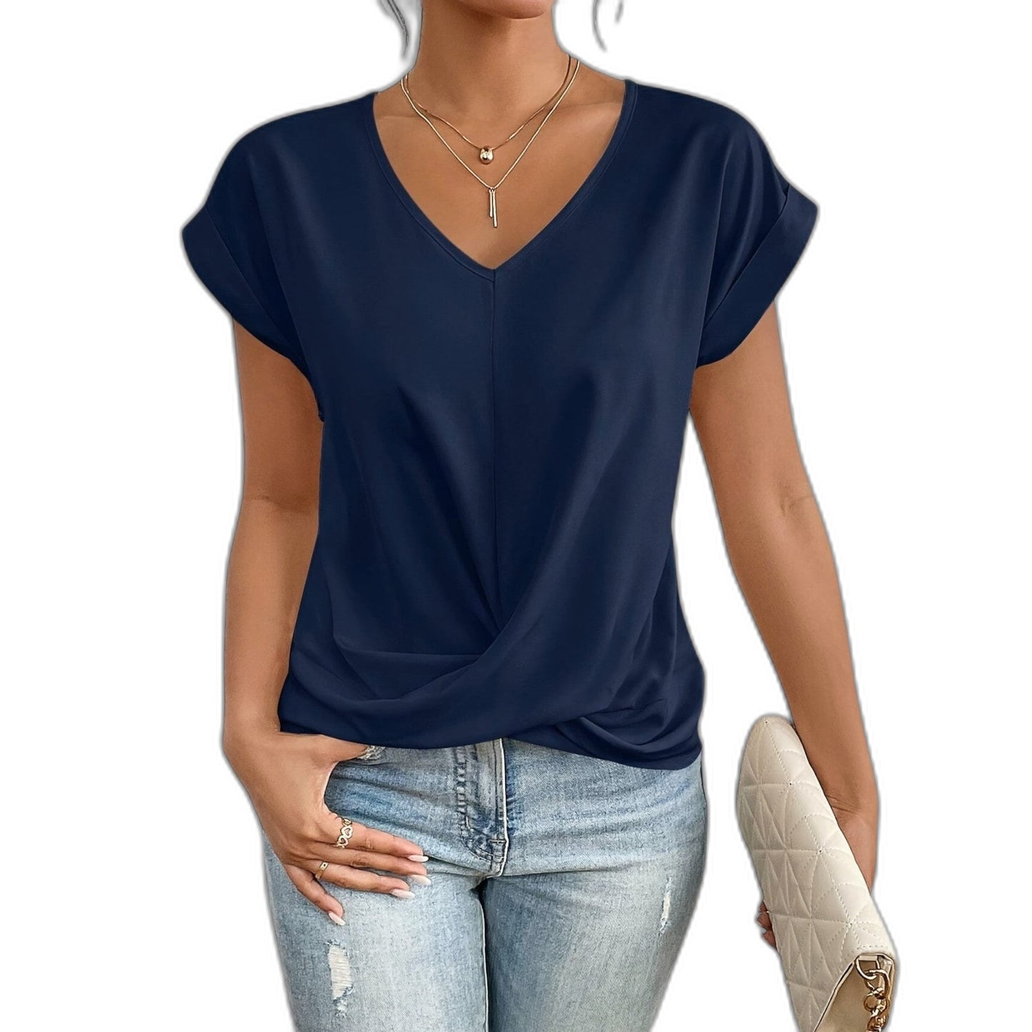 Effortless Brown T Shirt for Women with V Neck Short Sleeve Casual Style