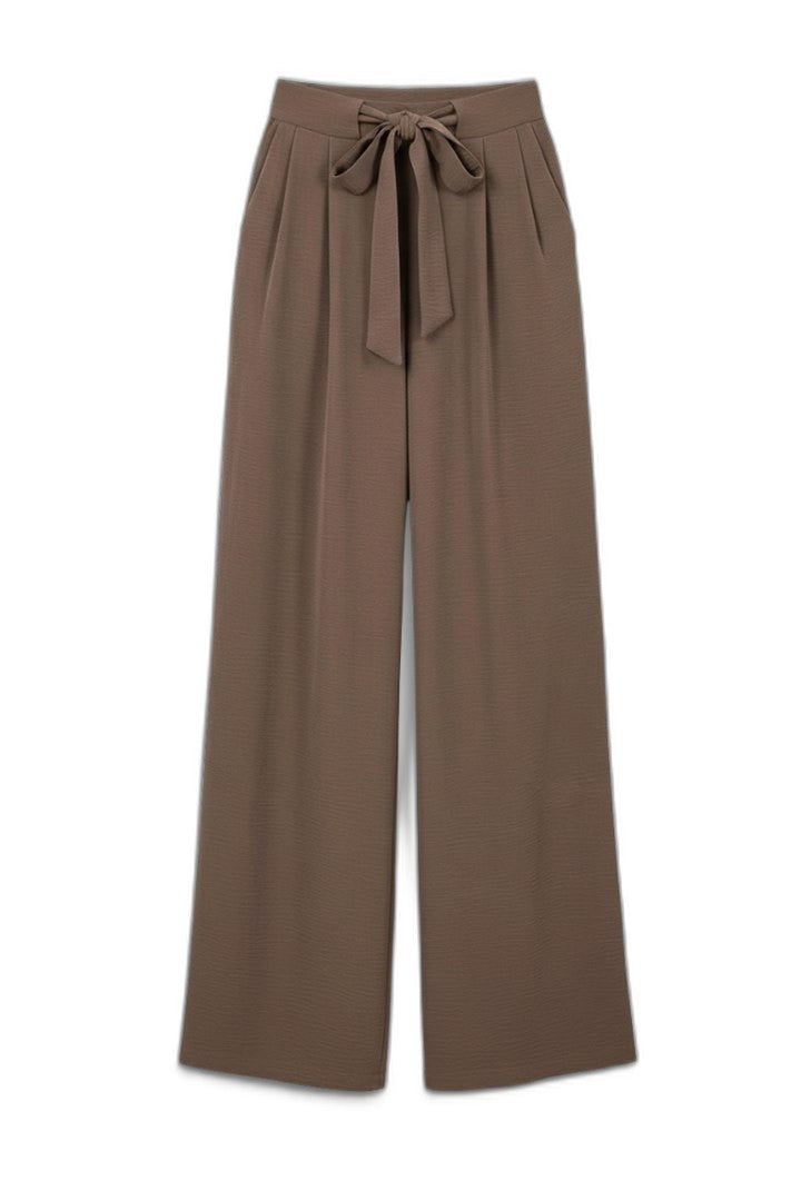 Effortless Brown Wide Leg Pants for Women with Belted High Waisted Drawstring Palazzo Casual Style