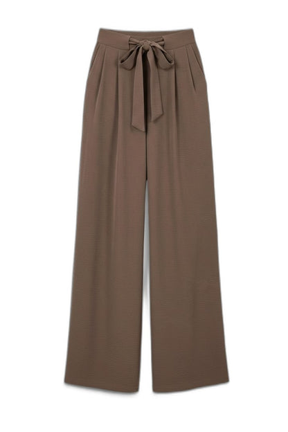 Effortless Brown Wide Leg Pants for Women with Belted High Waisted Drawstring Palazzo Casual Style