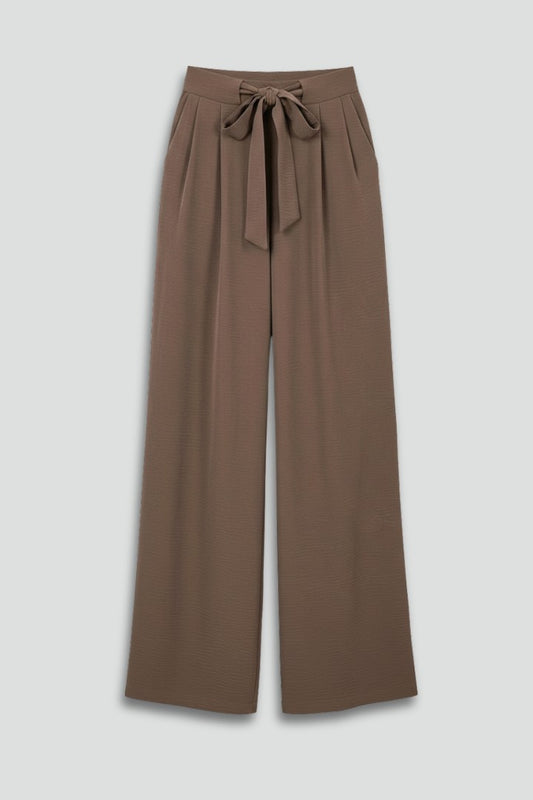 Effortless Brown Wide Leg Pants for Women with Belted High Waisted Drawstring Palazzo Casual Style