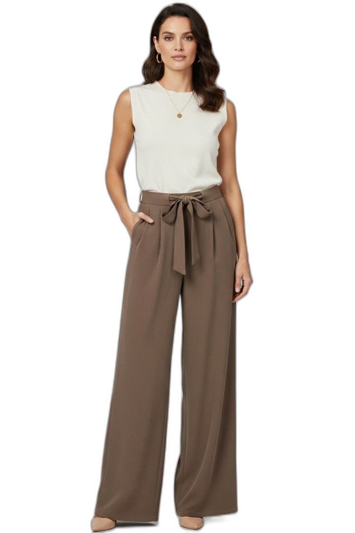 Effortless Brown Wide Leg Pants for Women with Belted High Waisted Drawstring Palazzo Casual Style