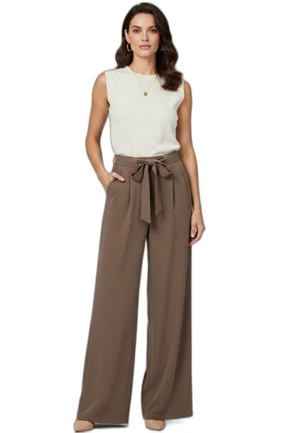 Effortless Brown Wide Leg Pants for Women with Belted High Waisted Drawstring Palazzo Casual Style
