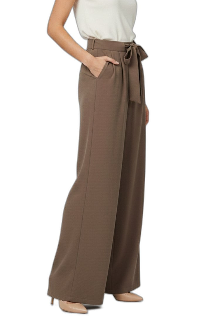 Effortless Brown Wide Leg Pants for Women with Belted High Waisted Drawstring Palazzo Casual Style