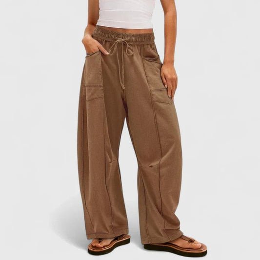 Effortless Brown Wide Leg Pants for Women with Belted High Waisted Pockets Casual Style