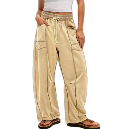 Effortless Brown Wide Leg Pants for Women with Belted High Waisted Pockets Casual Style