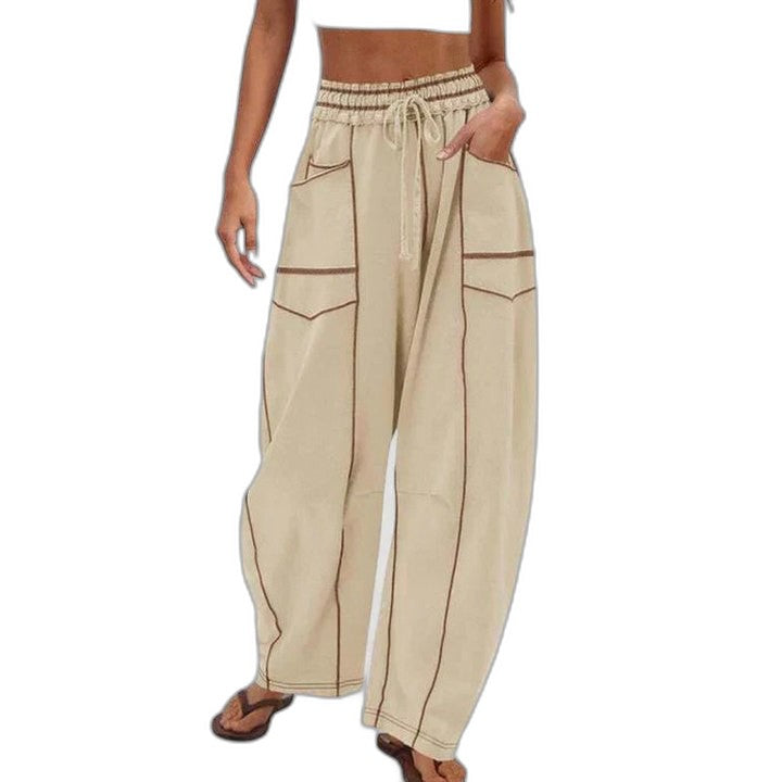 Effortless Brown Wide Leg Pants for Women with Belted High Waisted Pockets Casual Style