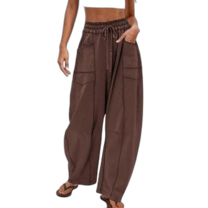 Effortless Brown Wide Leg Pants for Women with Belted High Waisted Pockets Casual Style