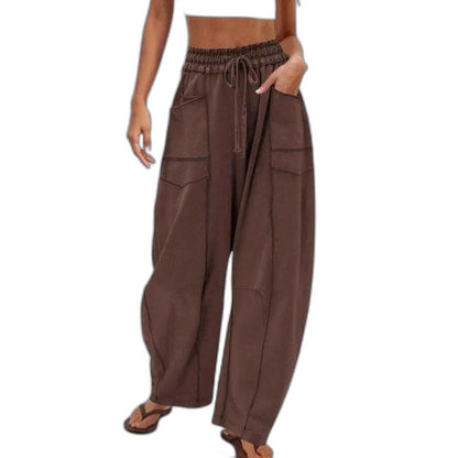 Effortless Brown Wide Leg Pants for Women with Belted High Waisted Pockets Casual Style