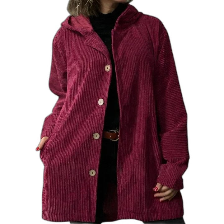 Effortless Burgundy Corduroy Coat for Women with Long Sleeve Button Front Pockets Casual Style