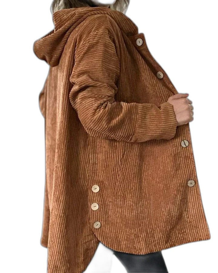 Effortless Burgundy Corduroy Coat for Women with Long Sleeve Button Front Pockets Casual Style