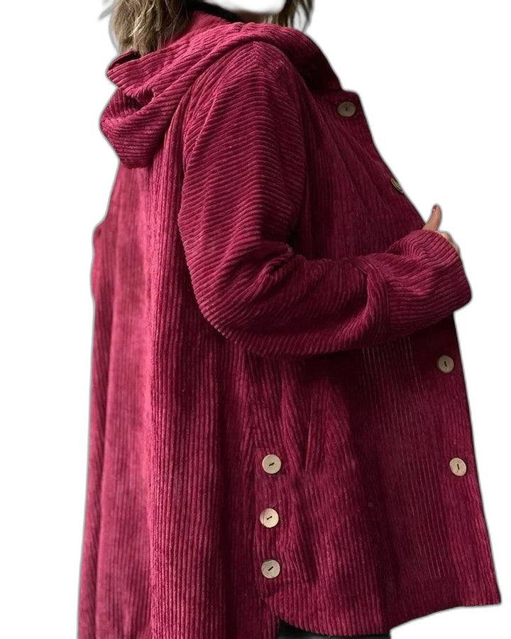 Effortless Burgundy Corduroy Coat for Women with Long Sleeve Button Front Pockets Casual Style