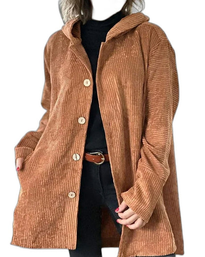 Effortless Burgundy Corduroy Coat for Women with Long Sleeve Button Front Pockets Casual Style