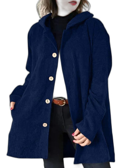 Effortless Burgundy Corduroy Coat for Women with Long Sleeve Button Front Pockets Casual Style
