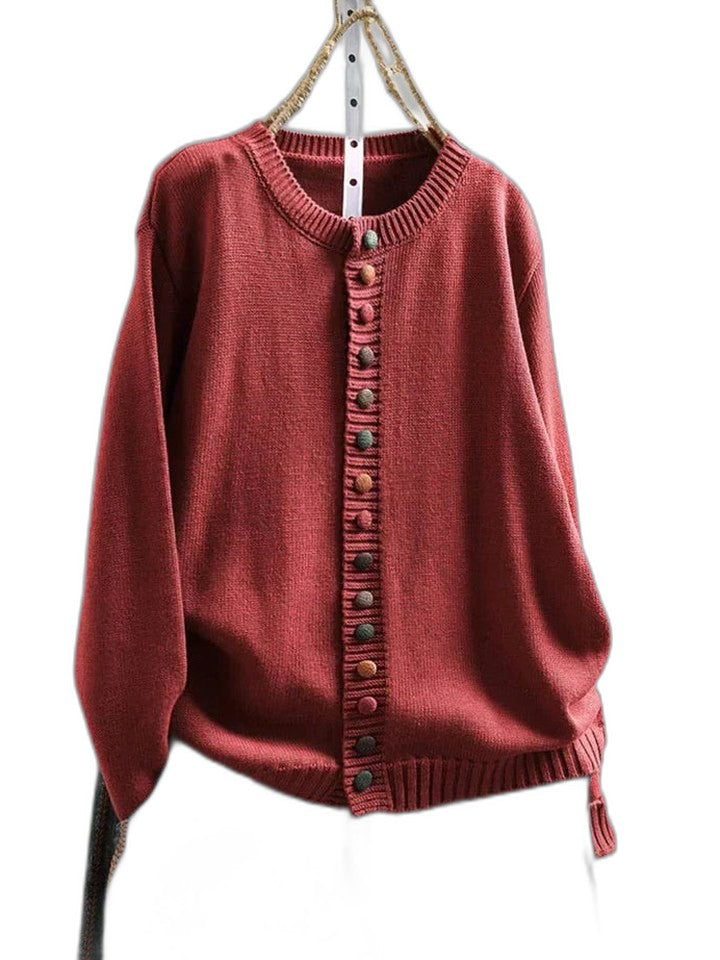 Effortless Burgundy Knit Cardigan Sweater for Women with Crew Neck Long Sleeve Button Front Casual Style