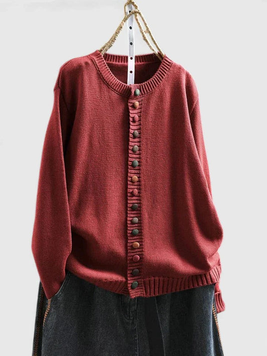 Effortless Burgundy Knit Cardigan Sweater for Women with Crew Neck Long Sleeve Button Front Casual Style