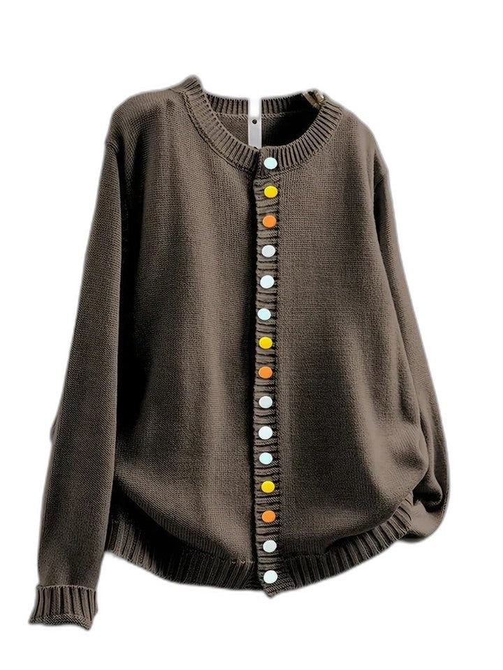Effortless Burgundy Knit Cardigan Sweater for Women with Crew Neck Long Sleeve Button Front Casual Style