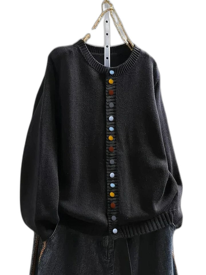 Effortless Burgundy Knit Cardigan Sweater for Women with Crew Neck Long Sleeve Button Front Casual Style