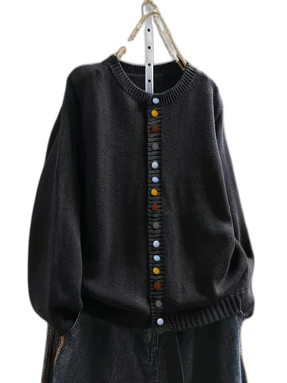 Effortless Burgundy Knit Cardigan Sweater for Women with Crew Neck Long Sleeve Button Front Casual Style