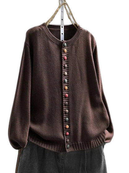 Effortless Burgundy Knit Cardigan Sweater for Women with Crew Neck Long Sleeve Button Front Casual Style