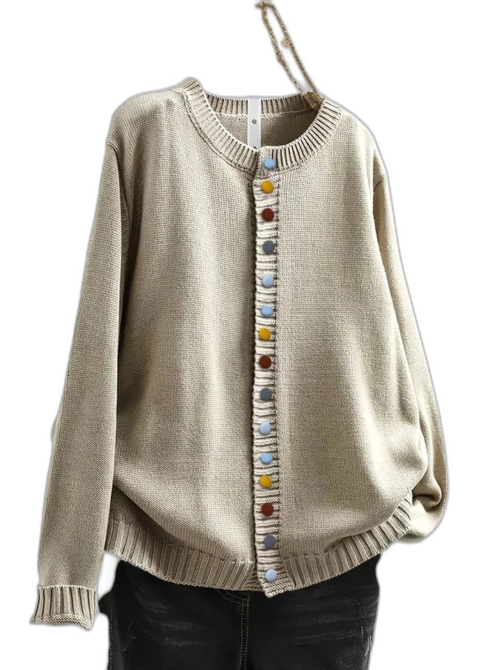 Effortless Burgundy Knit Cardigan Sweater for Women with Crew Neck Long Sleeve Button Front Casual Style