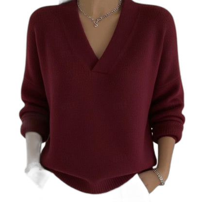 Effortless Burgundy Knit Sweater for Women with V Neck Long Sleeve Casual Style