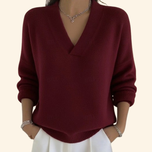 Effortless Burgundy Knit Sweater for Women with V Neck Long Sleeve Casual Style