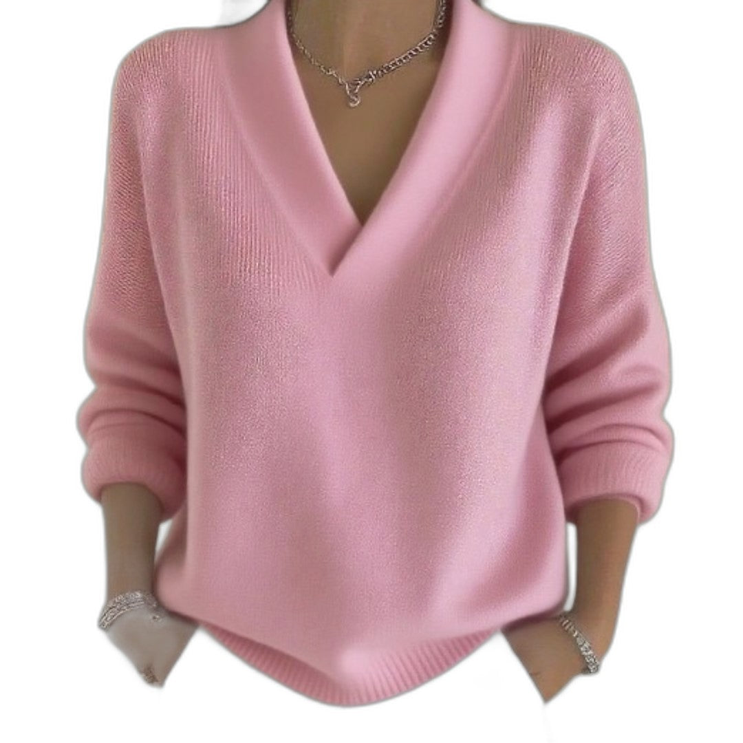 Effortless Burgundy Knit Sweater for Women with V Neck Long Sleeve Casual Style