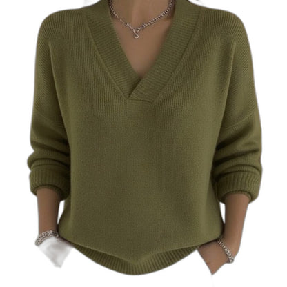 Effortless Burgundy Knit Sweater for Women with V Neck Long Sleeve Casual Style