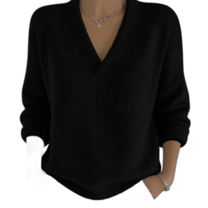 Effortless Burgundy Knit Sweater for Women with V Neck Long Sleeve Casual Style