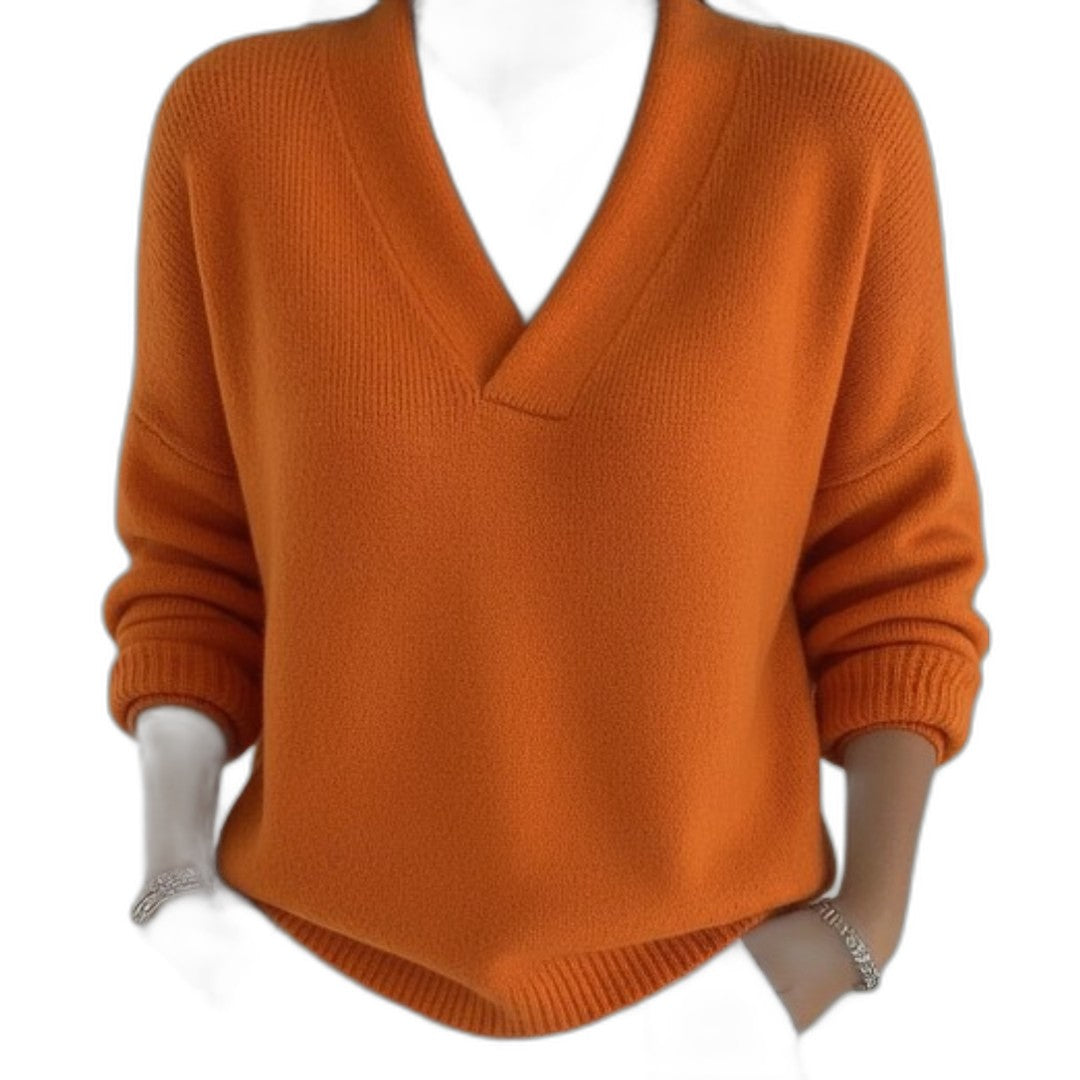 Effortless Burgundy Knit Sweater for Women with V Neck Long Sleeve Casual Style